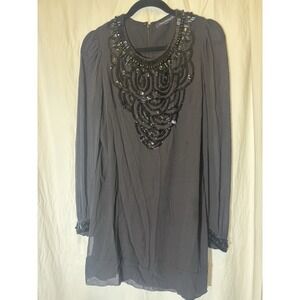 French Connection Beautiful Beaded Black Chiffon‎ Dress Size 14 L34